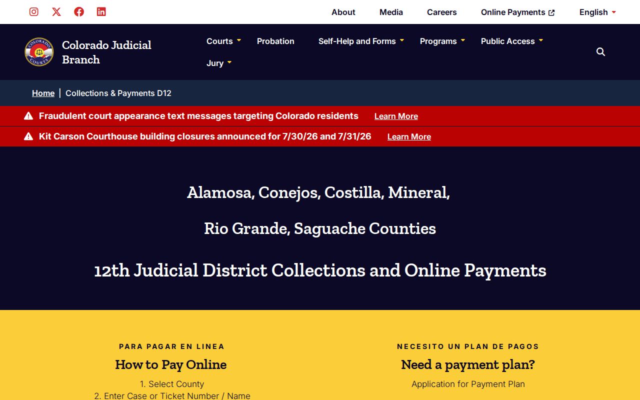 Alamosa County court dockets 12th Judicial District collections and payments