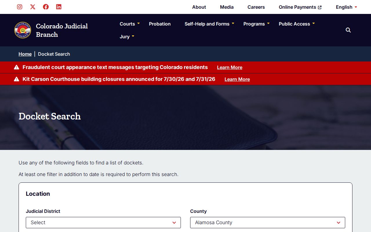 Alamosa County court dockets Colorado Judicial Branch docket search