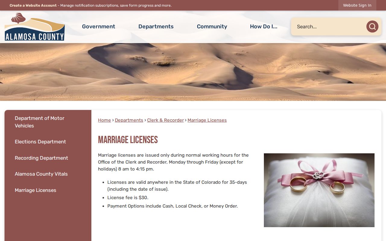 Alamosa County marriage records license requirements
