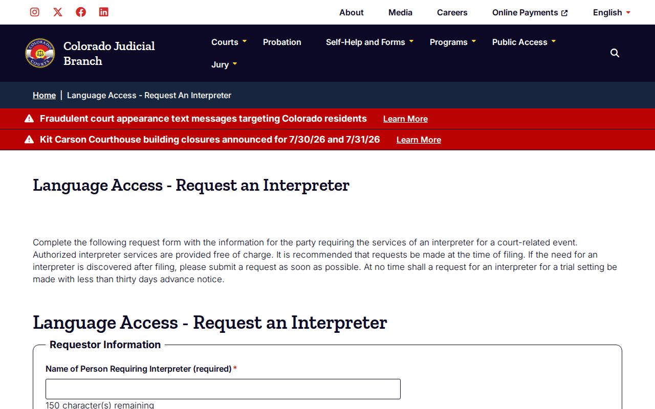 Alamosa County probate records interpreter request access